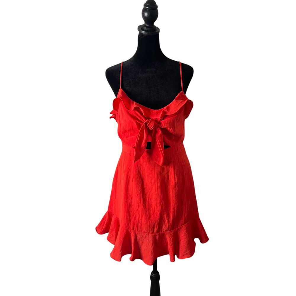 Womens Red Mini Ruffle Dress Cut Out Size M Tie Front Feminine Tomato Girl